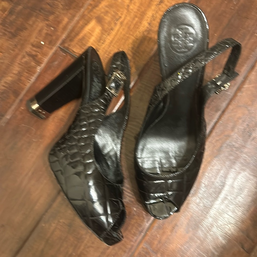 Tory Burch Black Quilted Peep-Toe Slingback Heels